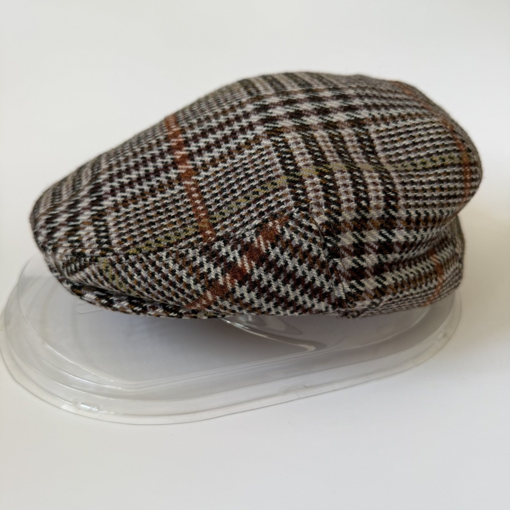 Vintage Harrods London Men's Newsboy Cap 100% Wool Lined Brown Plaid Flat Hat